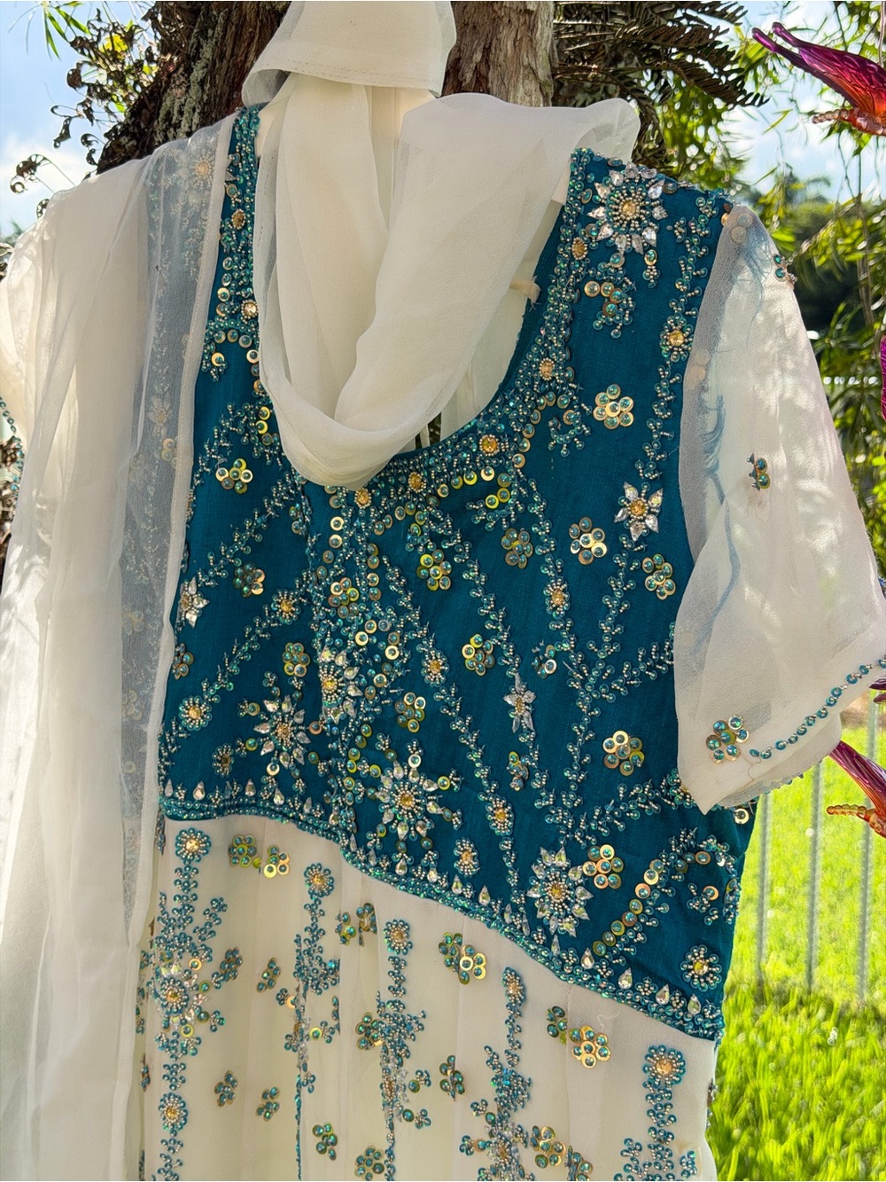 Embellished Teal and Ivory Women's Dress with Scarf